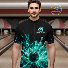 Load image into Gallery viewer, Male bowler wearing Teal Flames Bowling Ball and Pins bowling shirt during bowling league play