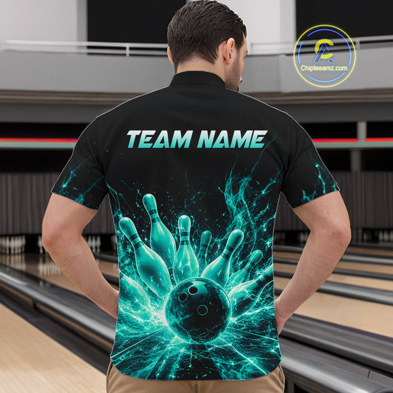 Male bowler wearing Teal Flames Bowling Ball and Pins bowling shirt during bowling league play