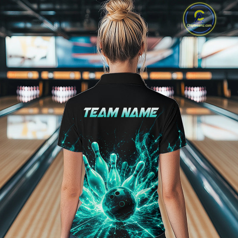 Female bowler wearing Teal Flames Bowling Ball and Pins bowling shirt during bowling league play