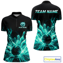 Load image into Gallery viewer, Teal Flames Bowling Ball and Pins women's quarter zip bowling shirt personalized bowling jersey