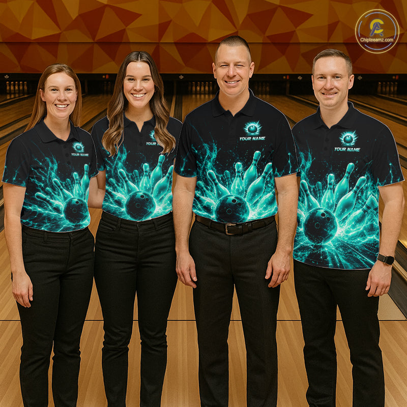 Men women bowling team wearing Teal Flames bowling uniforms and custom bowling team apparel