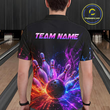 Load image into Gallery viewer, Male bowler wearing Colorful Flames Bowling Ball and Pins bowling jersey during tournament bowling event