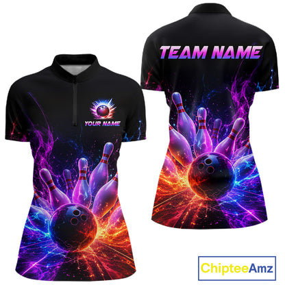 Colorful Flames Bowling Ball and Pins women's quarter zip bowling shirt personalized bowling uniform