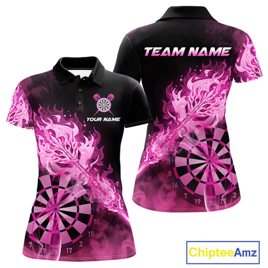 Custom Smoke Pink Fire Flaming Dart Arrow Women Darts Polo League Shirts Dart Team Jerseys NYN2213