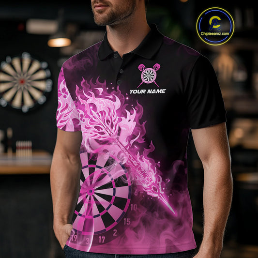 Custom Smoke Pink Fire Flaming Dart Arrow Men Darts Polo League Shirts Dart Team Jerseys NYN2213