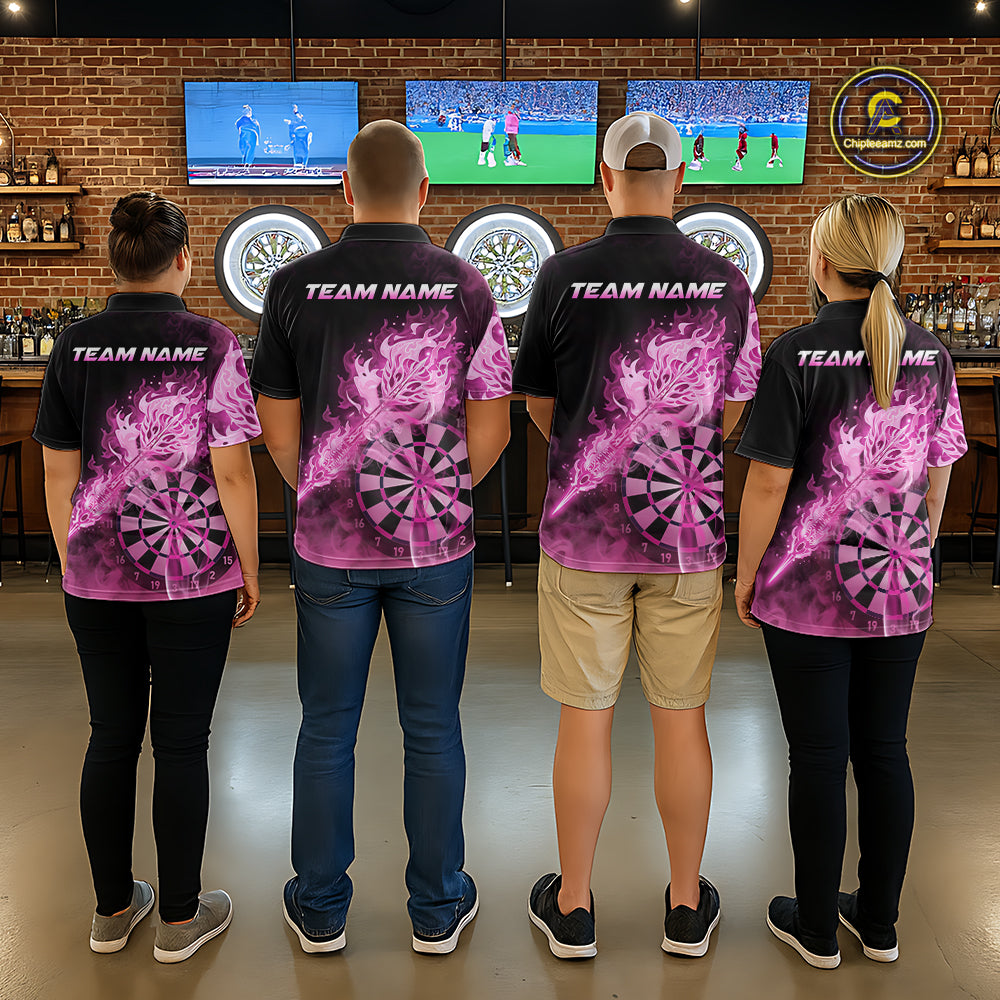 Custom Smoke Pink Fire Flaming Dart Arrow Women Darts Quarter-Zip League Shirts Dart Team Jerseys NYN2213