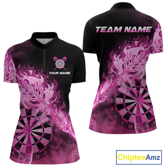Custom Smoke Pink Fire Flaming Dart Arrow Women Darts Quarter-Zip League Shirts Dart Team Jerseys NYN2213