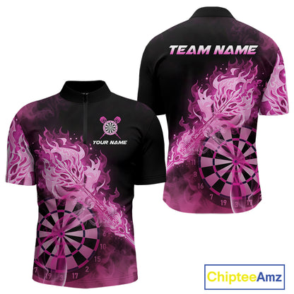 Custom Smoke Pink Fire Flaming Dart Arrow Men Darts Quarter-Zip League Shirts Dart Team Jerseys NYN2213