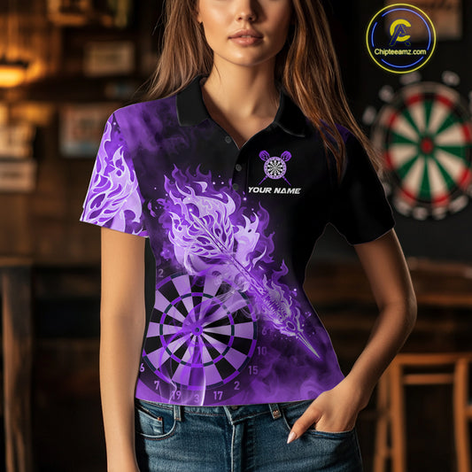 Custom Smoke Purple Fire Flaming Dart Arrow Women Darts Polo League Shirts Dart Team Jerseys NYN2214