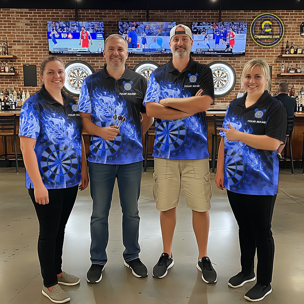 Custom Smoke Blue Fire Flaming Dart Arrow Men Darts Polo League Shirts Dart Team Jerseys NYN2215