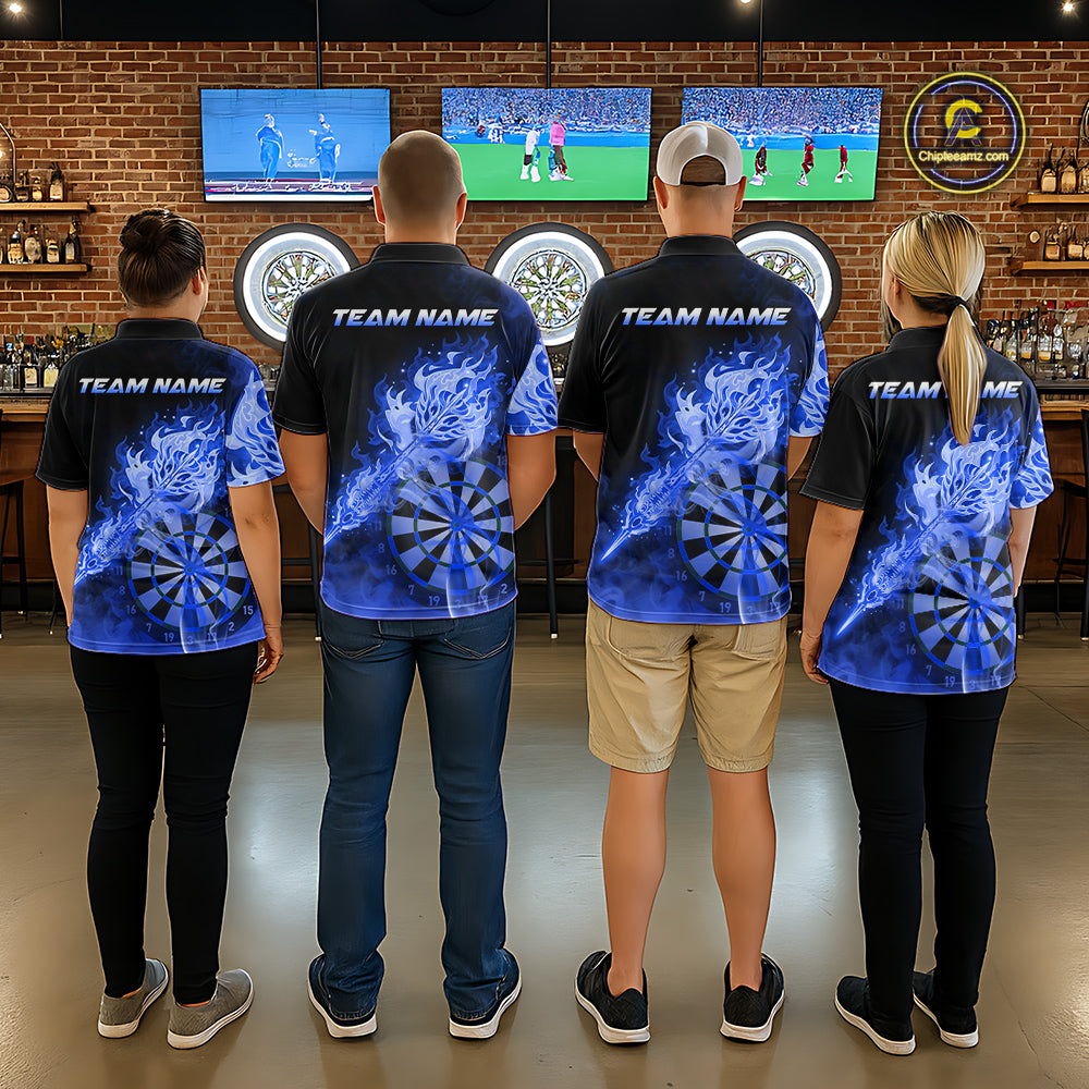 Custom Smoke Blue Fire Flaming Dart Arrow Men Darts Polo League Shirts Dart Team Jerseys NYN2215