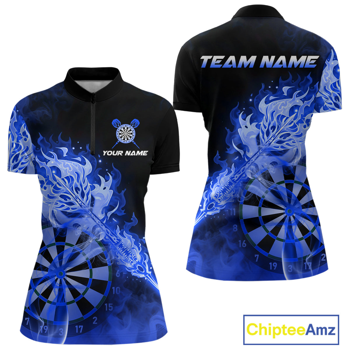 Custom Smoke Blue Fire Flaming Dart Arrow Women Darts Quarter-Zip League Shirts Dart Team Jerseys NYN2215