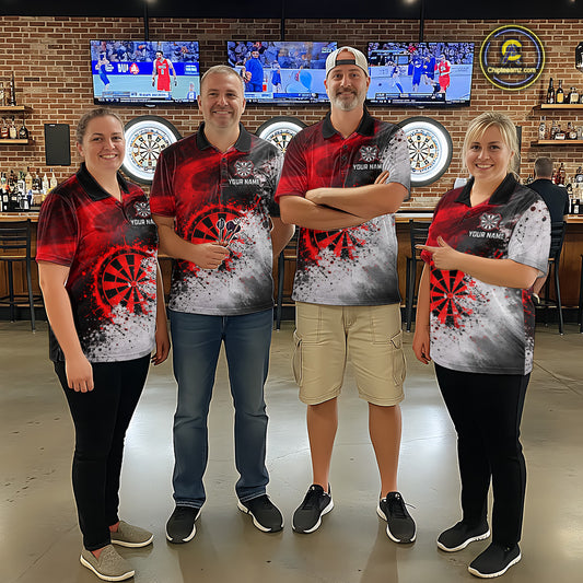 Custom Grey & Red Grunge Paint Dartboard Darts Quarter-Zip Shirt For Men Outfit Dart Team Jerseys NYN2509