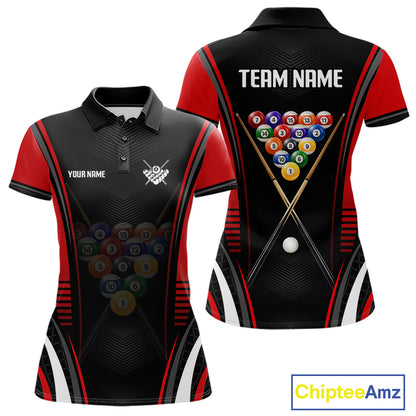 Black & Red Billiard Polo featuring personalized pool team name, custom 8 Ball & 9 Ball jersey, moisture-wicking performance fabric, pool league apparel, cue sports uniform, championship sportswear, athletic lifestyle clothing, Father's Day gift, custom billiard team shirt.