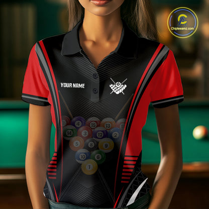 Female pool player posing in a modern billiard hall wearing Black & Red team jersey, personalized cue sports apparel, confidence, determination, teamwork, competitive championship lifestyle.