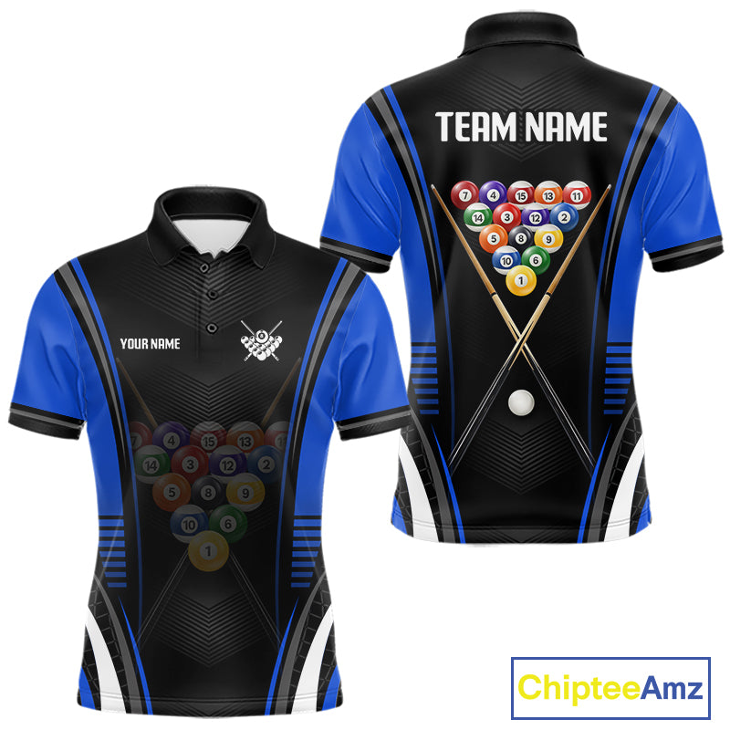 Black & Blue Billiard Polo featuring personalized player name, custom billiard team jersey, moisture-wicking tournament apparel, cue sports performance clothing.
