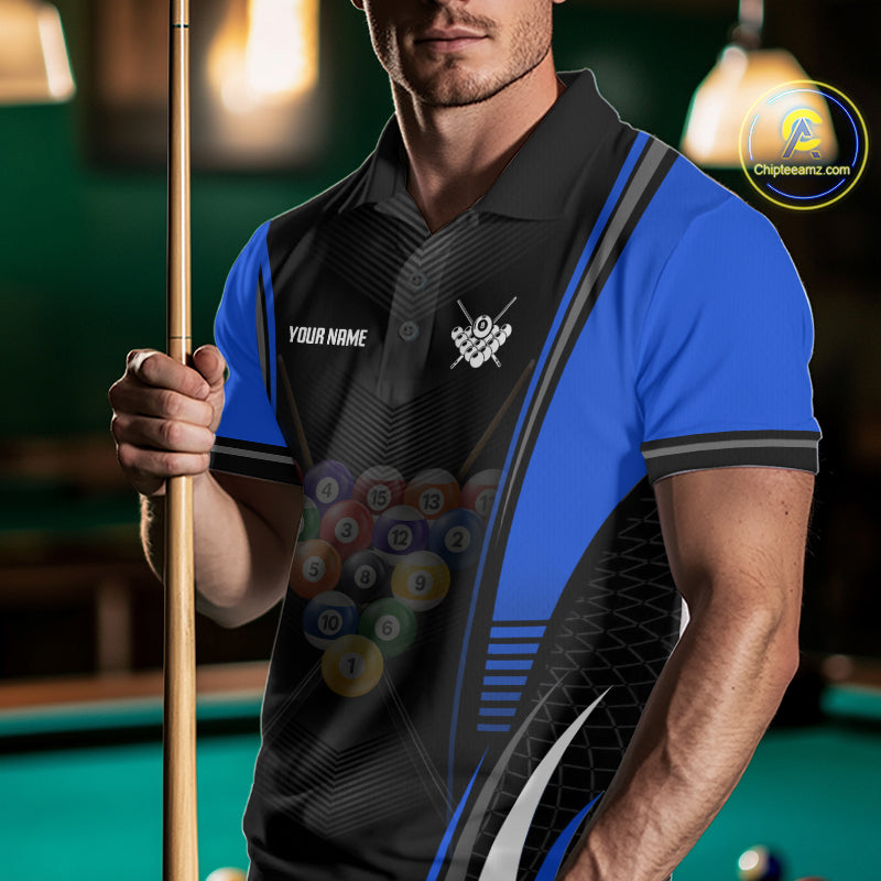 Male athlete wearing Black & Blue pool shirt symbolizing excellence, determination, custom team apparel, league championship clothing.