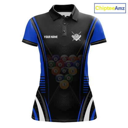 Black & Blue Billiard Polo featuring personalized pool team graphics, breathable athletic polo, custom 8 Ball tournament jersey, pool league apparel, professional cue sports clothing, modern sportswear.