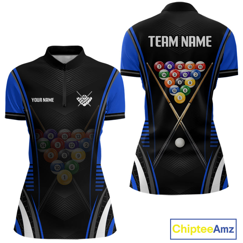 Black & Blue Quarter-Zip Billiard Shirt featuring custom team name, breathable performance fabric, quick-dry athletic jersey, league-ready cue sports apparel.
