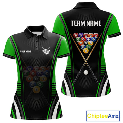 Black & Green Billiard Polo featuring custom pool team name, moisture-wicking performance jersey, professional tournament apparel, personalized cue sports clothing, athletic lifestyle.