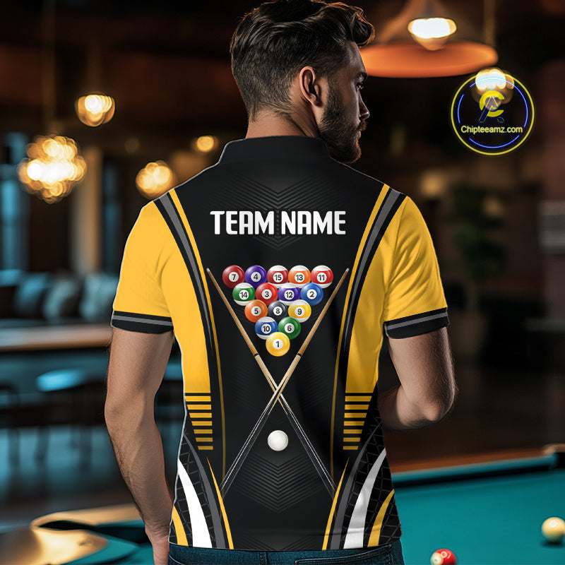 Male pool player wearing Black & Yellow custom billiard shirt representing victory, determination, championship mindset and athletic lifestyle.