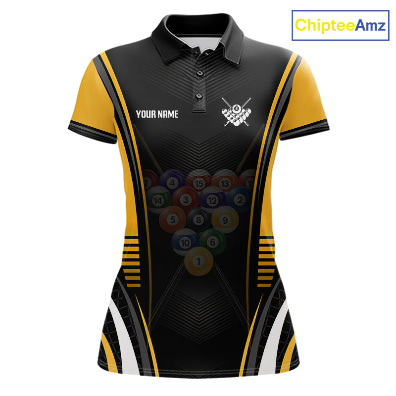 Black & Yellow Billiard Polo featuring personalized billiard team name, custom tournament jersey, moisture-wicking performance polo, cue sports apparel, championship clothing, athletic sportswear.