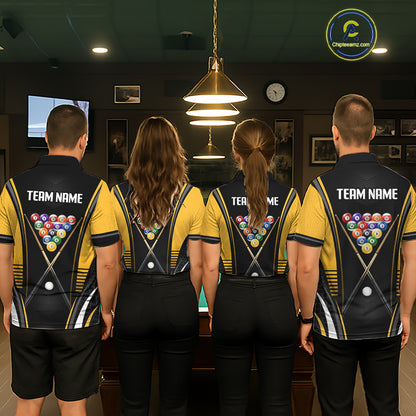 Billiard team wearing matching Black & Yellow jerseys with personalized names, APA tournament apparel, corporate team uniforms, leadership, teamwork, winning culture and sportsmanship.