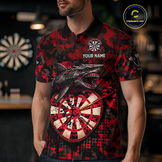 Custom Red Digital Camo Dartboard Horror Shark Darts Polo Shirt For Men Dart Gifts NYN1965