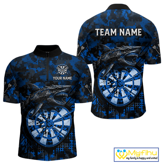 Custom Blue Digital Camo Dartboard Horror Shark Darts Quarter-Zip Shirt For Men Dart Gifts NYN1966