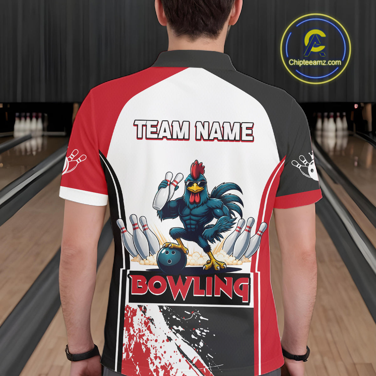 Personalized Funny Rooster Bowling Polo & 1/4-Zip Shirts For Men Splatter Bowling Team Jersey NYN2725