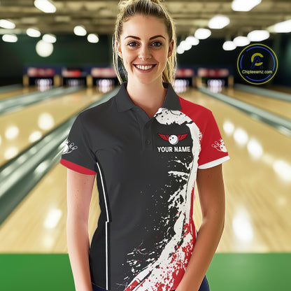 Personalized Funny Rooster Bowling Polo & 1/4-Zip Shirts For Women Splatter Bowling Team Jersey NYN2725