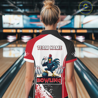 Personalized Funny Rooster Bowling Polo & 1/4-Zip Shirts For Women Splatter Bowling Team Jersey NYN2725