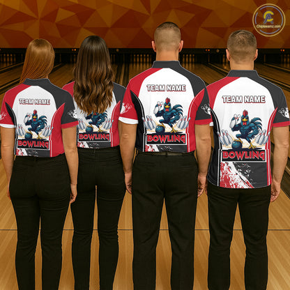 Personalized Funny Rooster Bowling Polo & 1/4-Zip Shirts For Men Splatter Bowling Team Jersey NYN2725