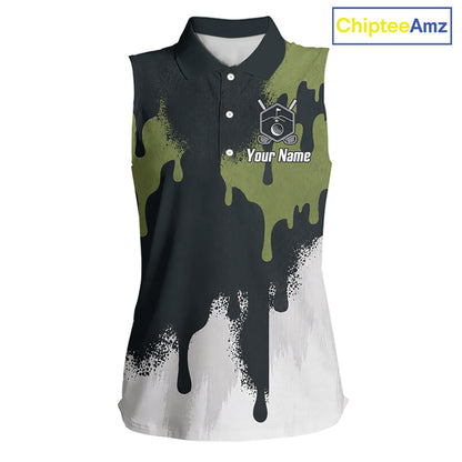 White, Green And Gray Dripping Golf Sleeveless Polo Shirts For Women Personalized Team Name Golf Clothes NYN3251