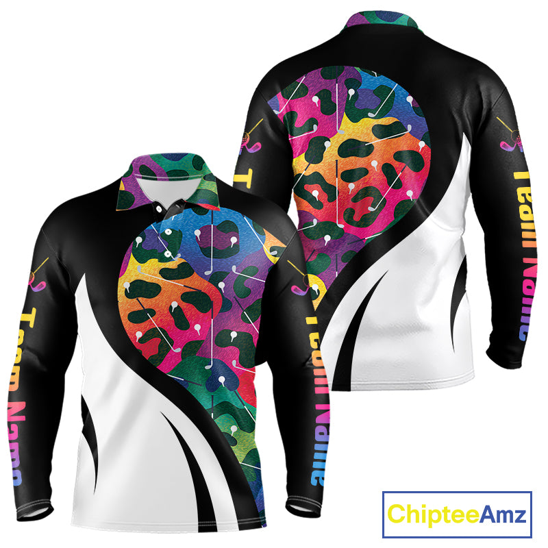Colorful Rainbow Leopard Men's Golf Polo Shirt mockup with colorful leopard pattern, custom name golf polo, moisture-wicking performance golf shirt, personalized golf team jersey, stylish golf apparel, golf club outfit, animal print golf clothing, golf tournament gift.