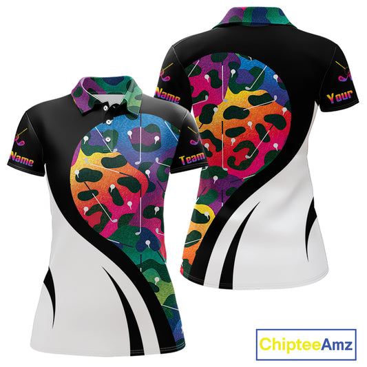 Colorful Rainbow Leopard Women's Golf Polo Shirt mockup featuring vibrant rainbow leopard print, personalized women's golf apparel, custom golf team polo, breathable performance golf shirt, stylish golf tournament outfit, animal print golf clothing, golf club uniform, gift for women golfers.