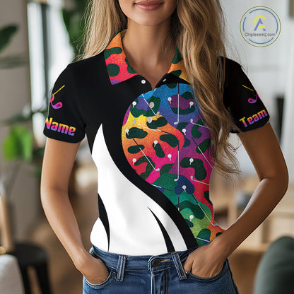 Women's model wearing oversized Colorful Rainbow Leopard Golf Polo Shirt, trendy golf apparel, colorful animal print sportswear, custom golf team clothing, golf lifestyle fashion, matching golf tournament outfit.