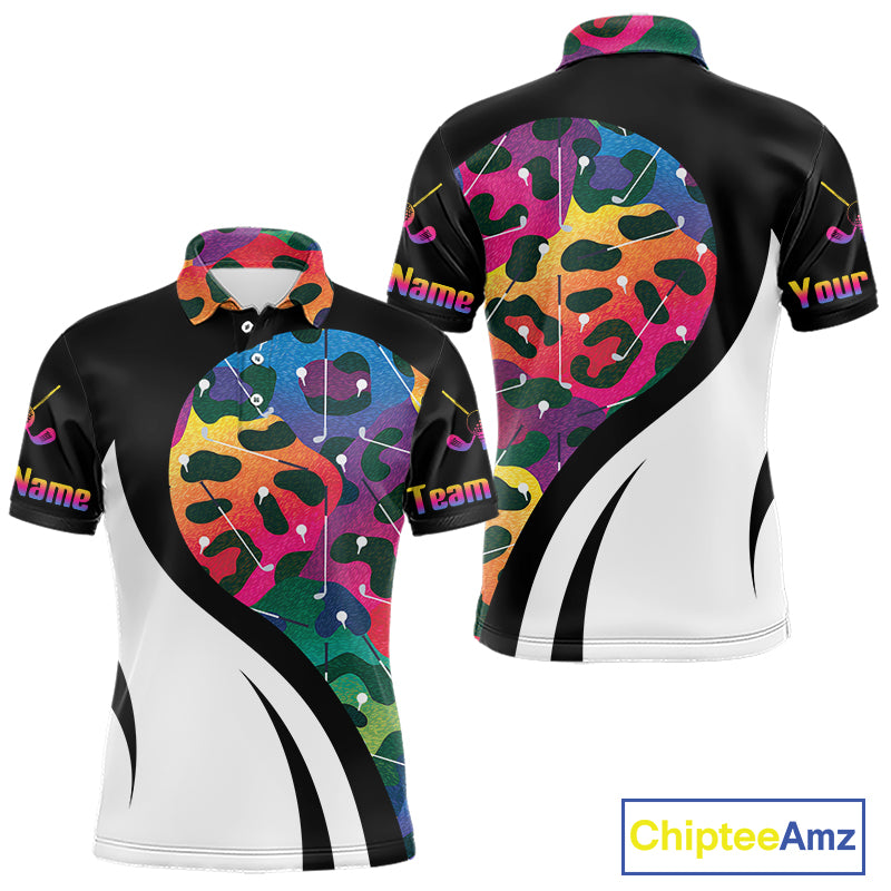 Colorful Rainbow Leopard Men's Golf Polo Shirt mockup with colorful leopard pattern, custom name golf polo, moisture-wicking performance golf shirt, personalized golf team jersey, stylish golf apparel, golf club outfit, animal print golf clothing, golf tournament gift.