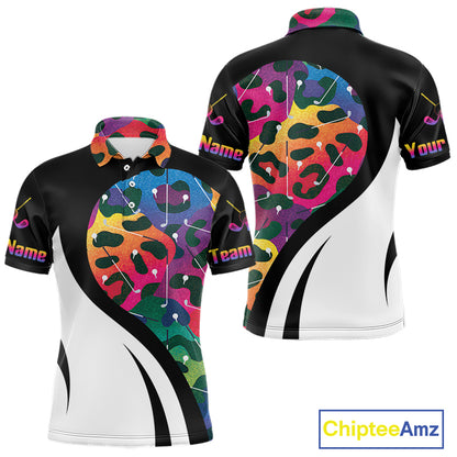 Colorful Rainbow Leopard Men's Golf Polo Shirt mockup with colorful leopard pattern, custom name golf polo, moisture-wicking performance golf shirt, personalized golf team jersey, stylish golf apparel, golf club outfit, animal print golf clothing, golf tournament gift.