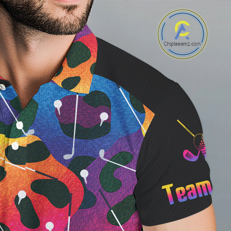 Men's model wearing Colorful Rainbow Leopard Golf Polo Shirt, personalized golf apparel, modern golf fashion, golf league uniform, performance polo, custom golf team shirt, animal print sportswear, golf enthusiast gift.