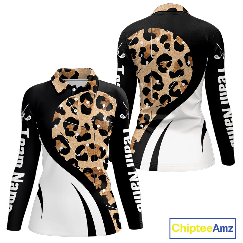 Brown Leopard Pattern Women's Golf Polo Shirt mockup featuring classic leopard print, personalized women's golf polo, custom golf team apparel, moisture-wicking performance golf shirt, safari-inspired golf clothing, golf outing outfit, stylish golf fashion for women.