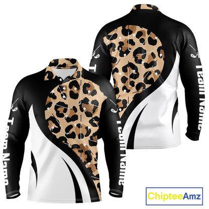 Brown Leopard Pattern Men's Golf Polo Shirt mockup, personalized golf polo, leopard print golf apparel, breathable golf shirt, golf club uniform, custom team golf jersey, stylish outdoor sportswear, golf tournament clothing.