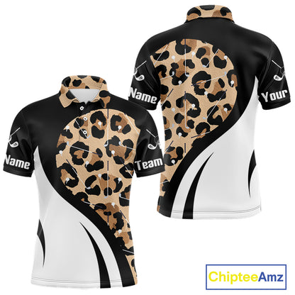 Brown Leopard Pattern Men's Golf Polo Shirt mockup, personalized golf polo, leopard print golf apparel, breathable golf shirt, golf club uniform, custom team golf jersey, stylish outdoor sportswear, golf tournament clothing.