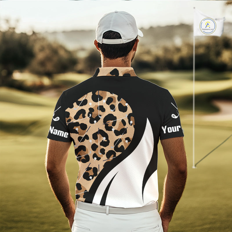 Men's model wearing Brown Leopard Golf Polo Shirt, personalized golf outfit, animal print golf fashion, custom golf team apparel, golf tournament uniform, breathable performance golf polo.