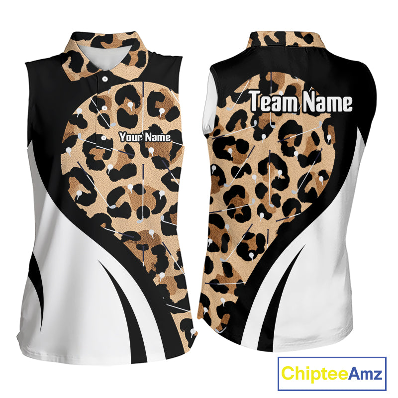 Brown Leopard Pattern Sleeveless Golf Polo Shirt mockup for men featuring classic leopard print, personalized golf apparel, custom golf team uniform, moisture-wicking performance polo, safari golf fashion, golf outing shirt.