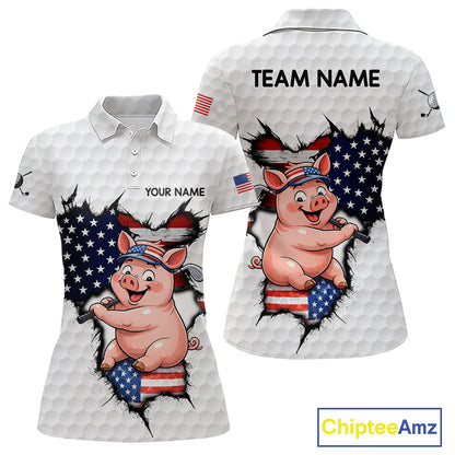 Personalized Funny Pig Women's Patriot Golf Polo Shirt mockup featuring pig mascot and American flag, custom women's golf apparel, patriotic golf clothing, performance golf polo, golf tournament outfit, Father's Day golf gift.