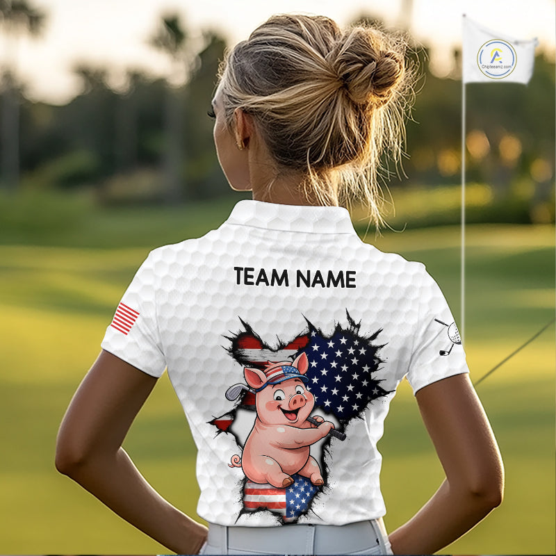 Women's model wearing Funny Pig Patriot Golf Polo Shirt, patriotic golf fashion, farm animal golf apparel, oversized golf clothing, matching golf team outfit.