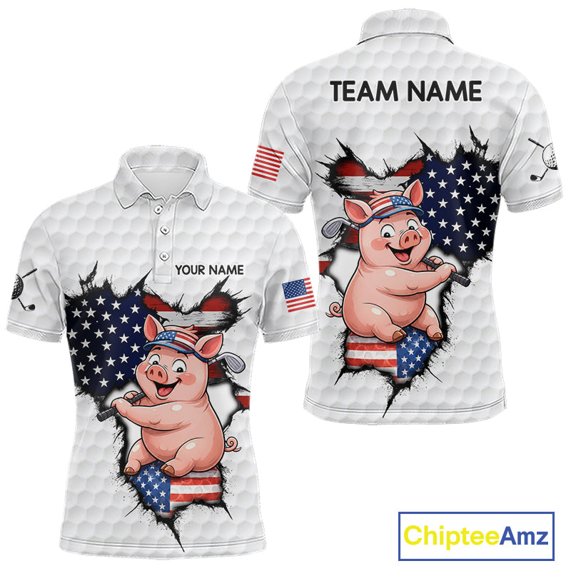 Funny Pig Patriot Men's Golf Polo Shirt mockup, personalized American flag golf shirt, pig mascot golf apparel, custom golf team polo, patriotic golf clothing, golf tournament jersey.