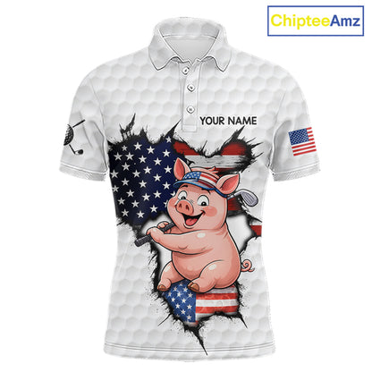Funny Pig Patriot Men's Golf Polo Shirt mockup, personalized American flag golf shirt, pig mascot golf apparel, custom golf team polo, patriotic golf clothing, golf tournament jersey.
