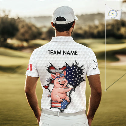 Men's model wearing Funny Pig Patriot Golf Polo Shirt, patriotic golf apparel, American flag golf fashion, custom golf clothing, personalized golf team outfit.